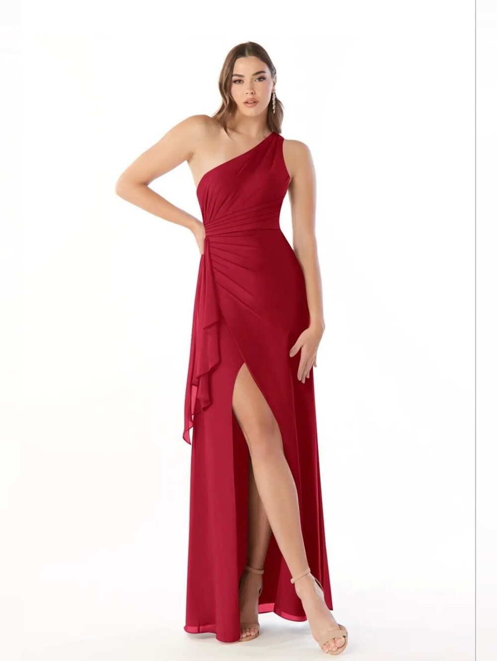 NWT Azazie Maive Scarlet Sheath Pleated Ruffle Chiffon Dress Size A8